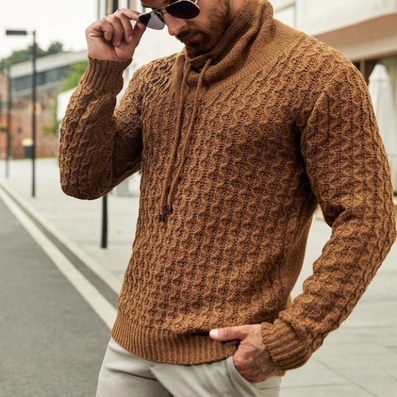 Brown Mens Knit Cowl Neck Sweater - Picture 2 of 4